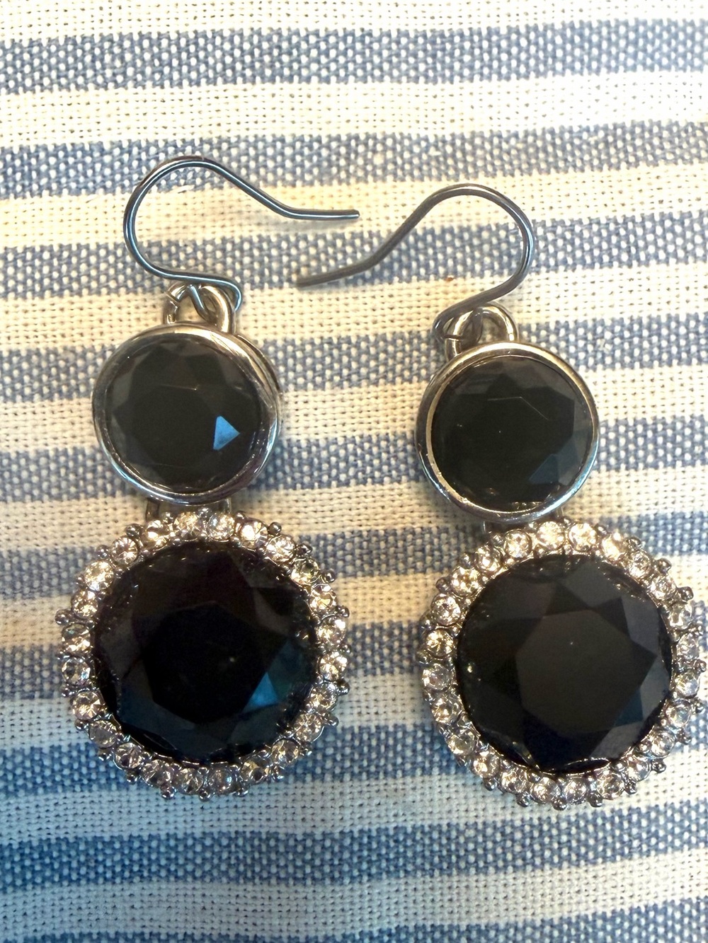 Vintage Black Crystal Drop Earrings with Rhinestone Halo - by Monet
